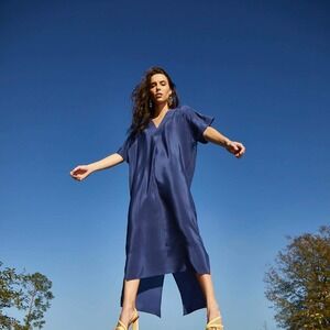Inclán Studio Octavia Kaftan Dress Sz XS Blue 100% Silk V-Neck Maxi Caftan $495